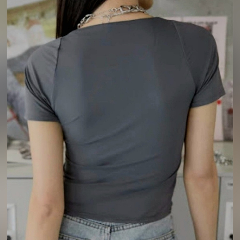 Dazy by SHEIN Juniors Dark Gray Square Neck Short Sleeve Crop Top Size XL - Picture 9 of 11